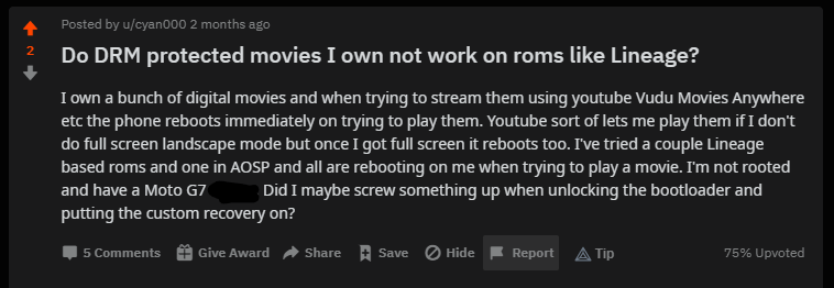 "Do DRM protected movies I own not work on roms like Lineage?" by u/cyan000 via r/LineageOS on Reddit